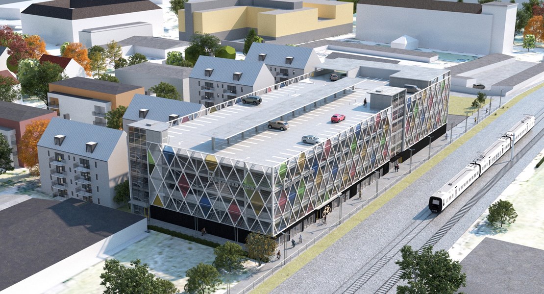 Illustration i 3D över det nya parkeringshuset Fabriken sett ur ett helikopterperspektiv