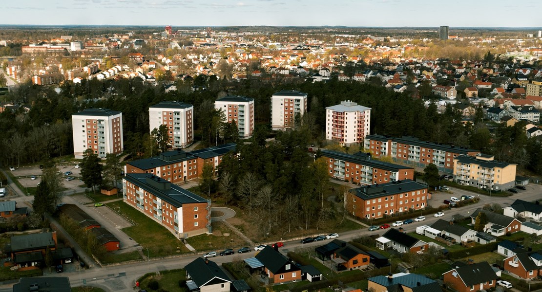 Luftledning nedanifrån mot en blå himmel