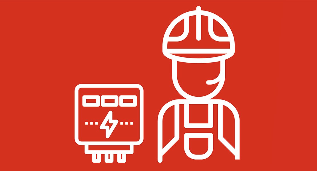 En grafisk bild av en elmontör och en elmätare mot en röd bakgrund.
